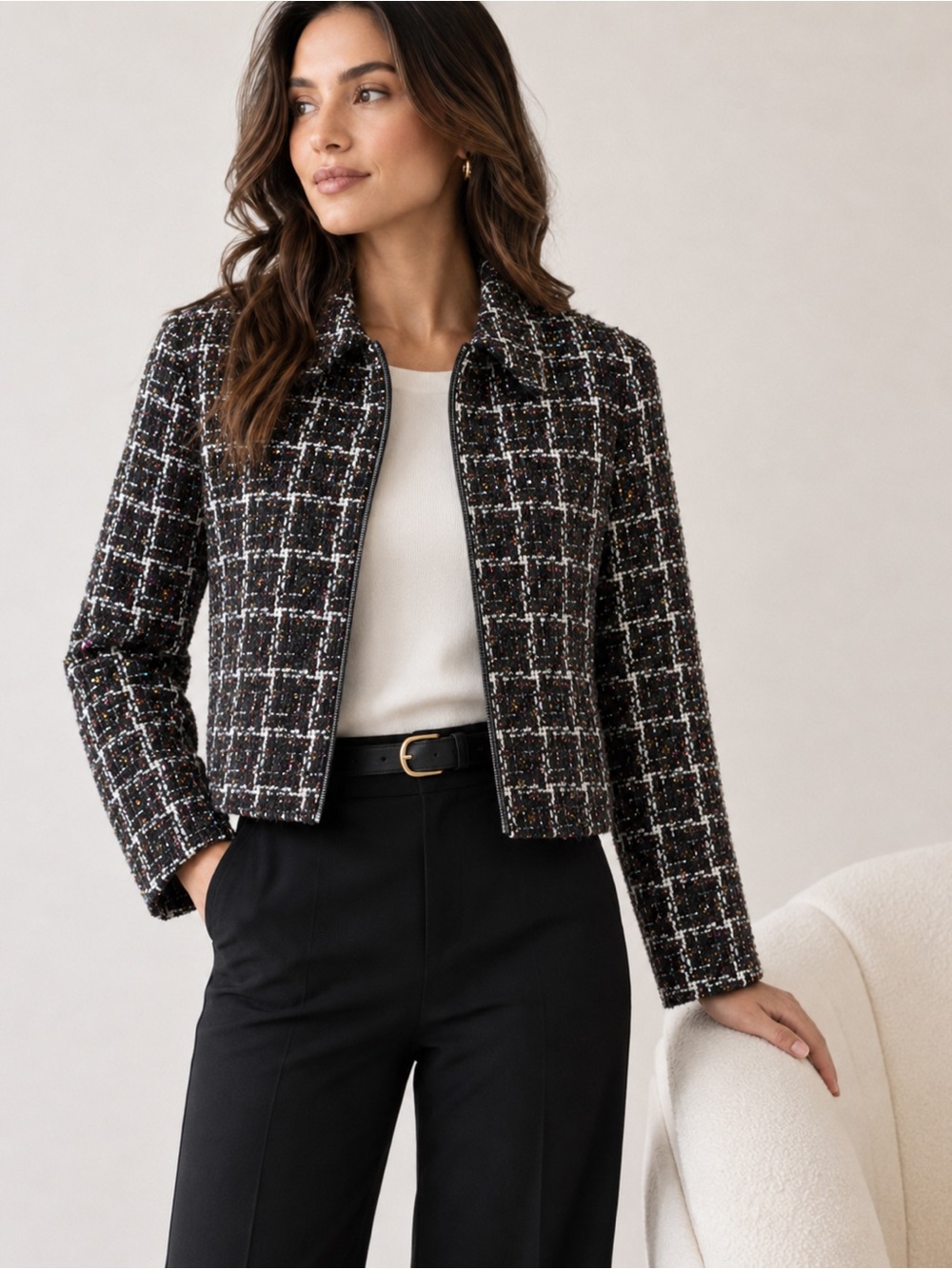 LOFT Cropped Metallic Tweed Cropped Jacket Preppy Festive Statement